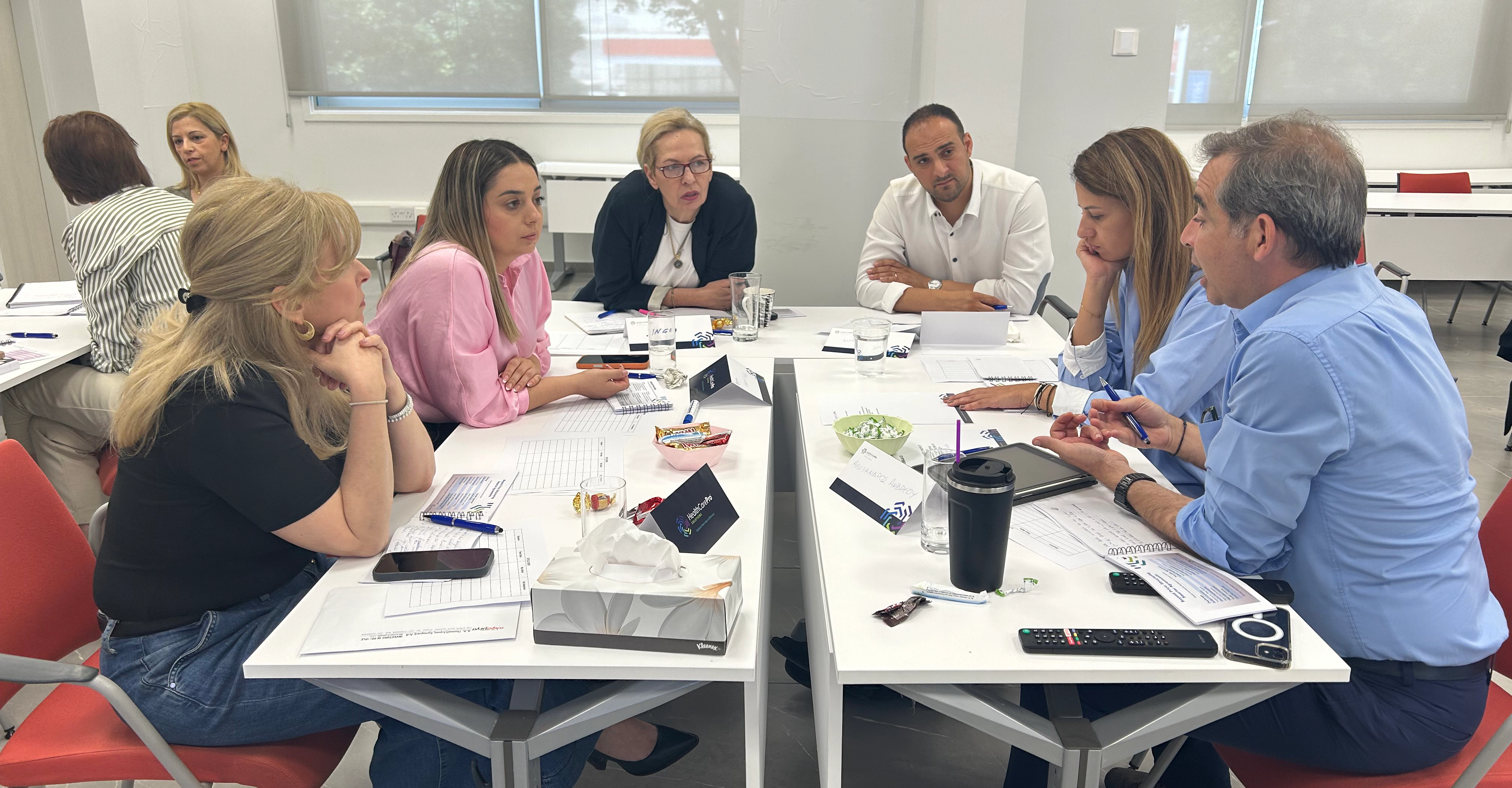 Participants engaged in a group discussion during a healthcare training workshop around a conference table.