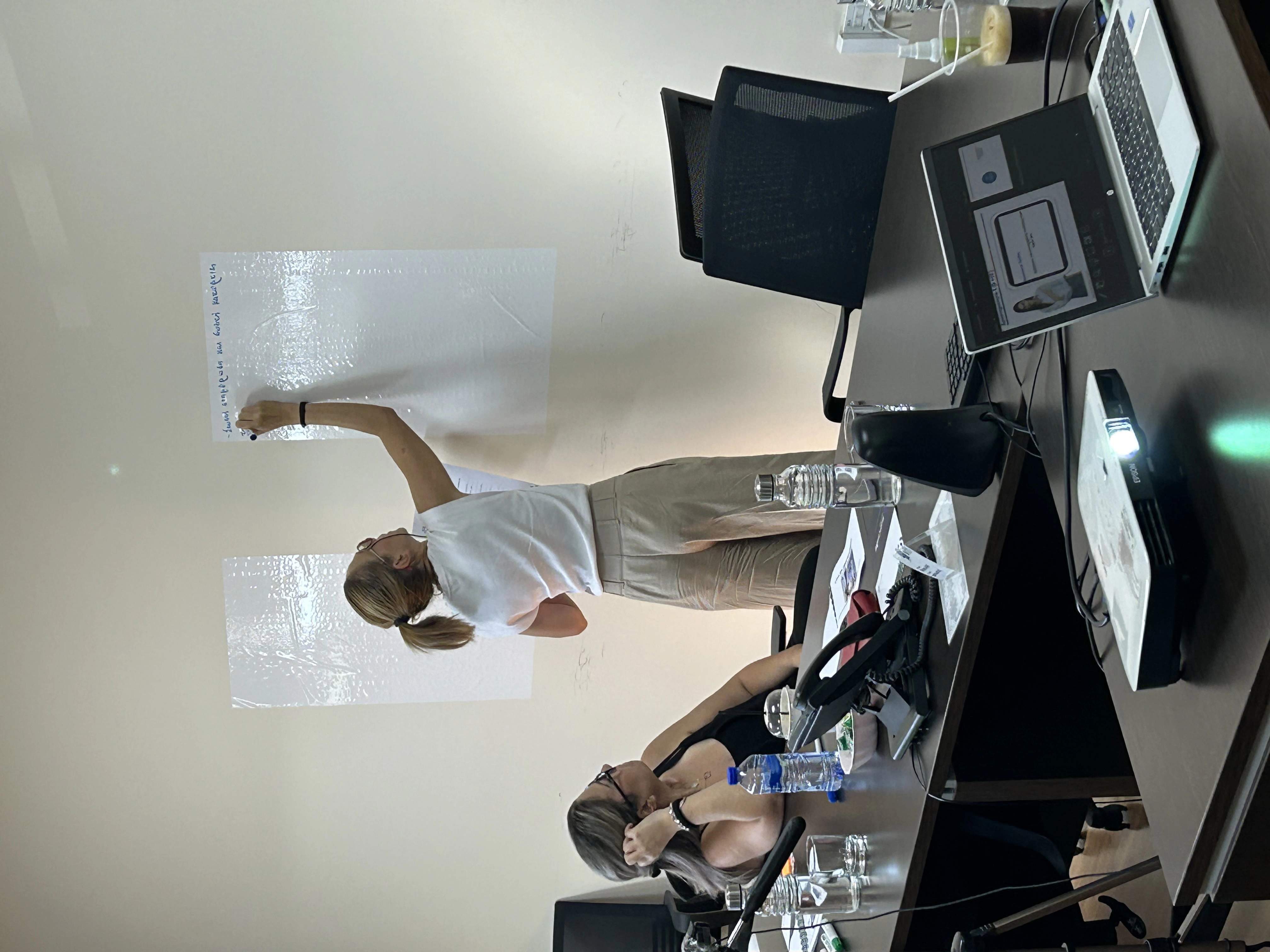 Professional woman writing on the wall while a colleague watches attentively.